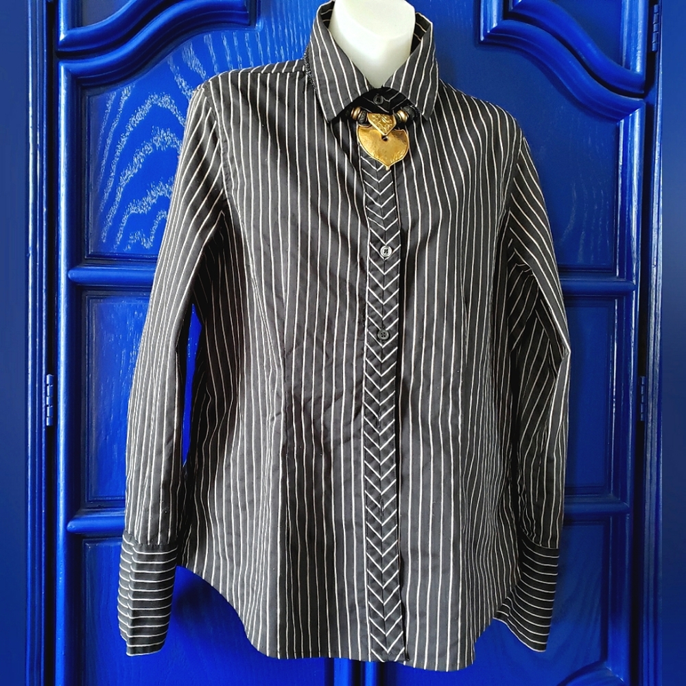90s Goth Vintage Black Pinstripe Shirt Dark Academia Wednesday Addams